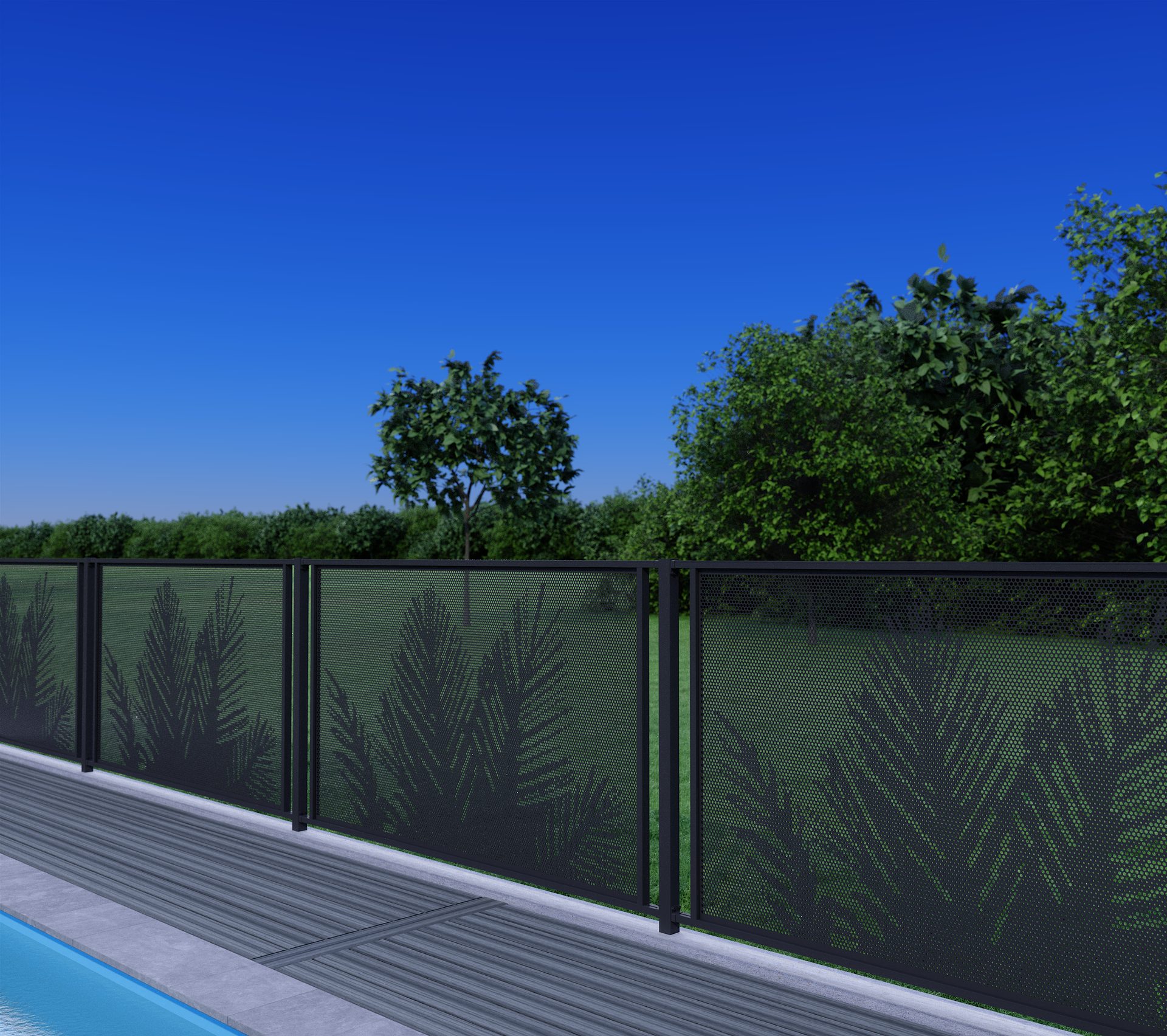 Installed perforated pool fence — poolside lifestyle