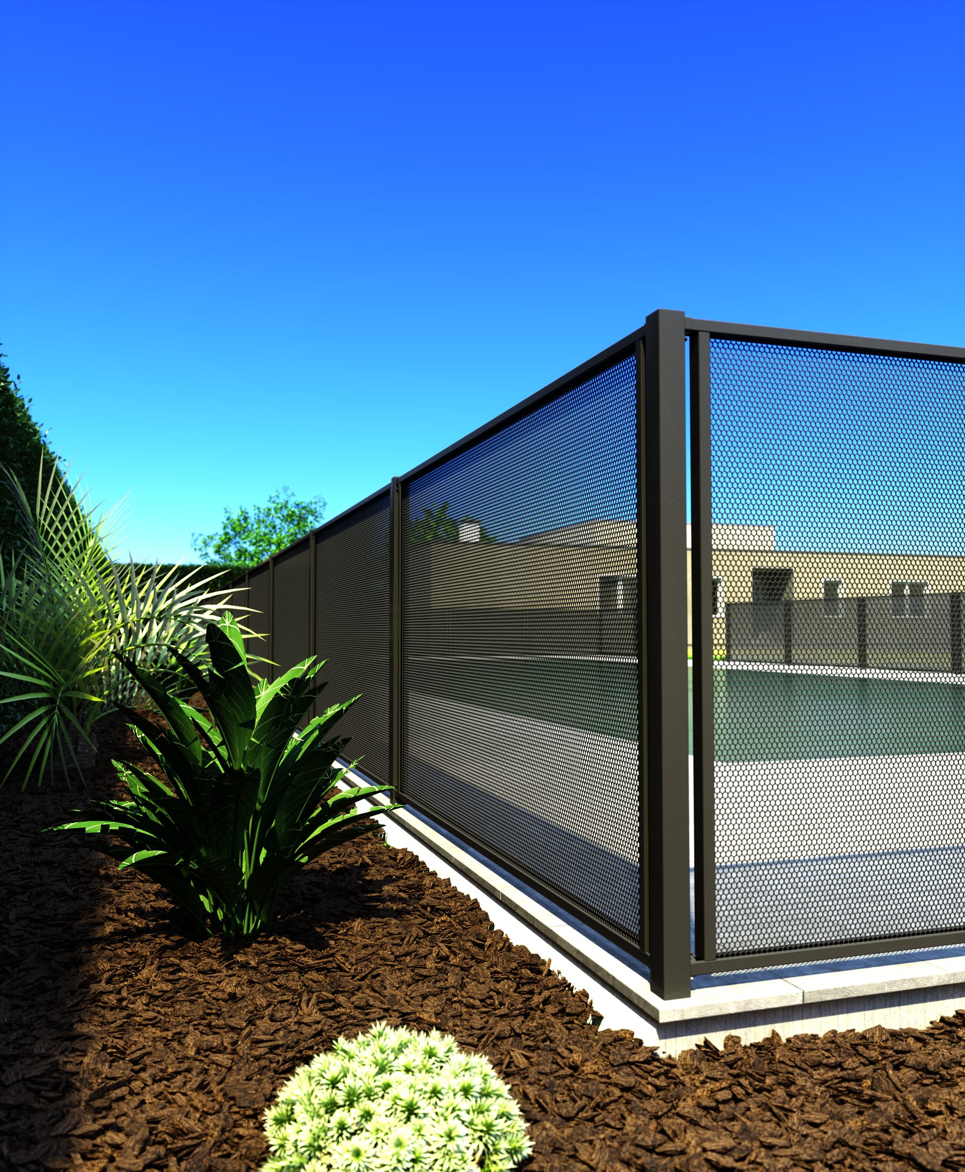Perforated pool fence panel — closeup