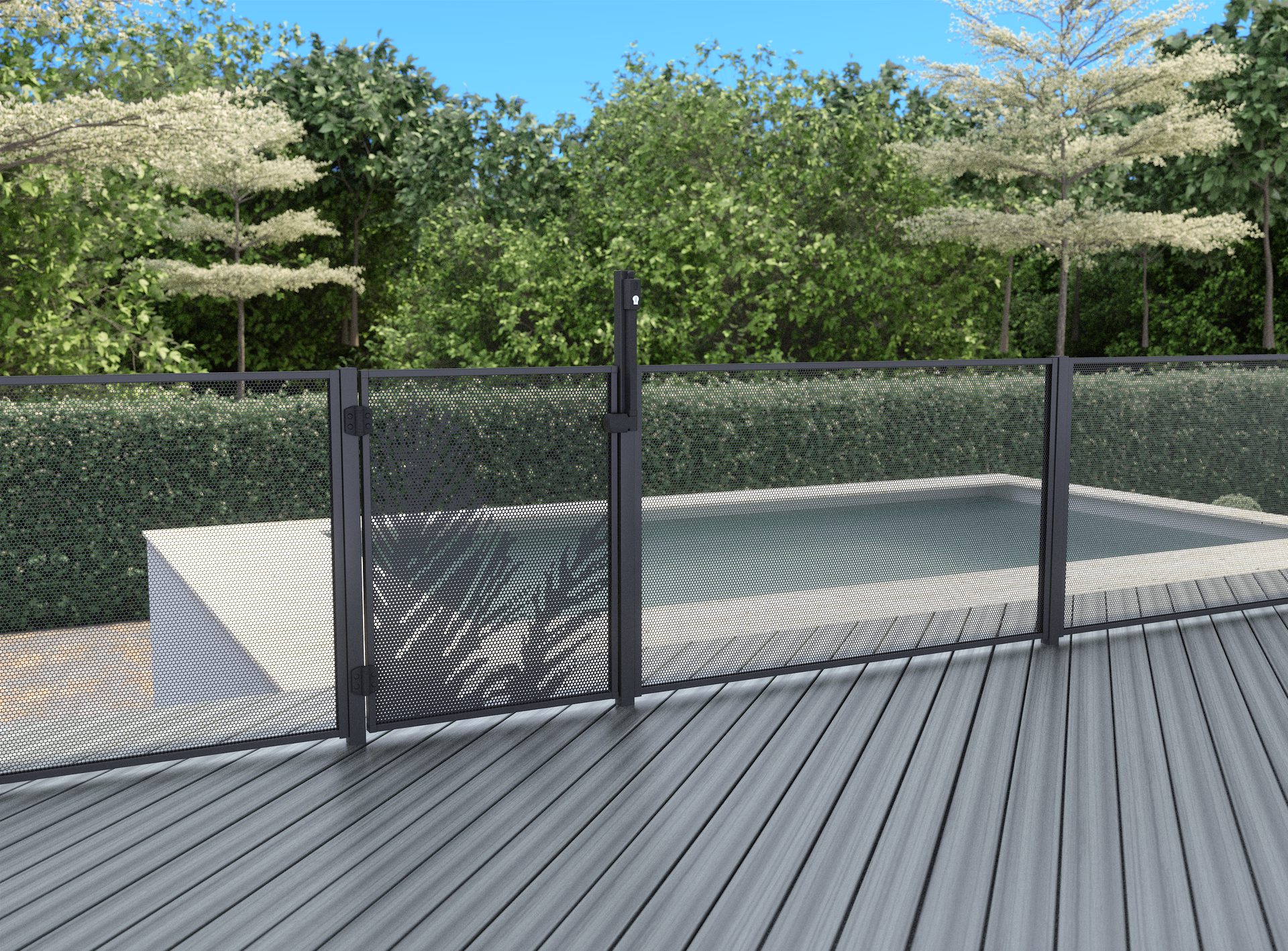 Perforated pool fence palm pattern gate in satin black